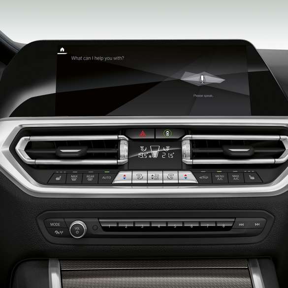 BMW 3 serijos sedanas, BMW Intelligent Personal Assistant BMW 3 serijos sedano prietaisų skydelio su BMW Intelligent Personal Assistant vaizdas iš arti