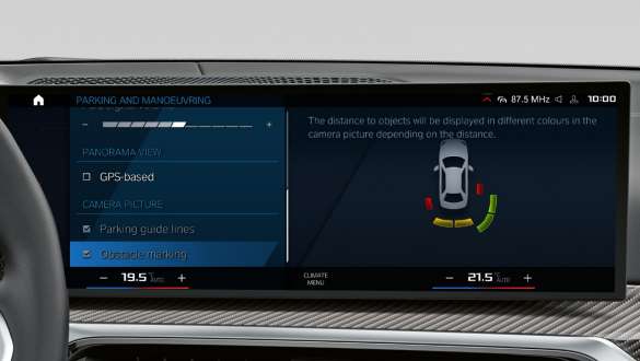 Parking Assistant Plus funkcija, BMW 3 serijos M sedanai G80 G20 BMW 3 serijos M sedanai G80 G20, Parking Assistant Plus funkcija, valdymo ekranas, interjeras