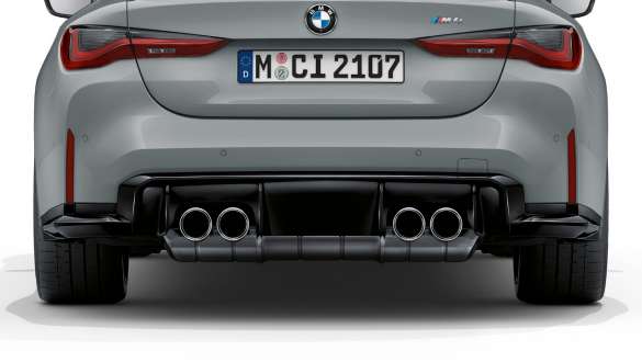 Išmetimo vamzdžių chromo apdaila, BMW M4 kupė G82 2020 BMW M4 kupė G82 2020, išmetimo vamzdžių chromo apdailos vaizdas iš arti