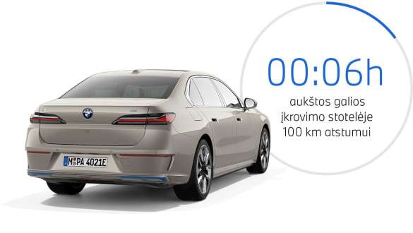 BMW i7 xDrive60 trijų ketvirčių vaizdas iš galo BMW i7 xDrive60 trijų ketvirčių vaizdas iš galo su įkrovimo grafiniu vaizdu