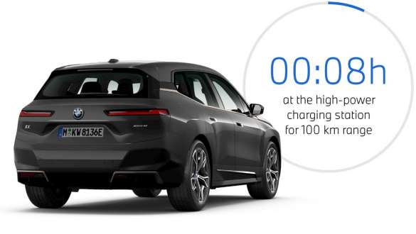 Elektrinis SUV BMW iX (i20), BMW iX xDrive50 automobilio įkrovimas viešose įkrovimo stotelėse 2021 m. elektrinio SUV BMW iX (i20) žalios Sophisto Grey spalvos BMW iX xDrive40 automobilio įkrovimas viešose didelės galios įkrovimo stotelėse
