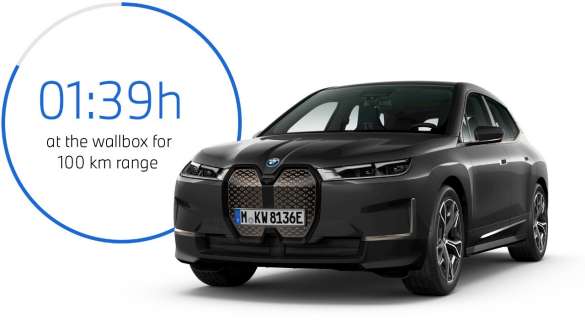 BMW iX i20 elektrinio SUV BMW iX xDrive40 įkrovimas namuose 2021 m. elektrinio SUV BMW iX (i20) žalios Sophisto Grey spalvos BMW iX xDrive50 įkrovimas BMW Wallbox įkrovimo stotelėje