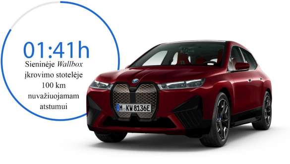 BMW iX i20 elektrinio SUV BMW iX xDrive50 įkrovimo laikas namuose BMW iX (i20) 2021 elektrinis SUV BMW iX xDrive50 raudonos Aventurin Red spalvos, įkraunamas BMW Wallbox