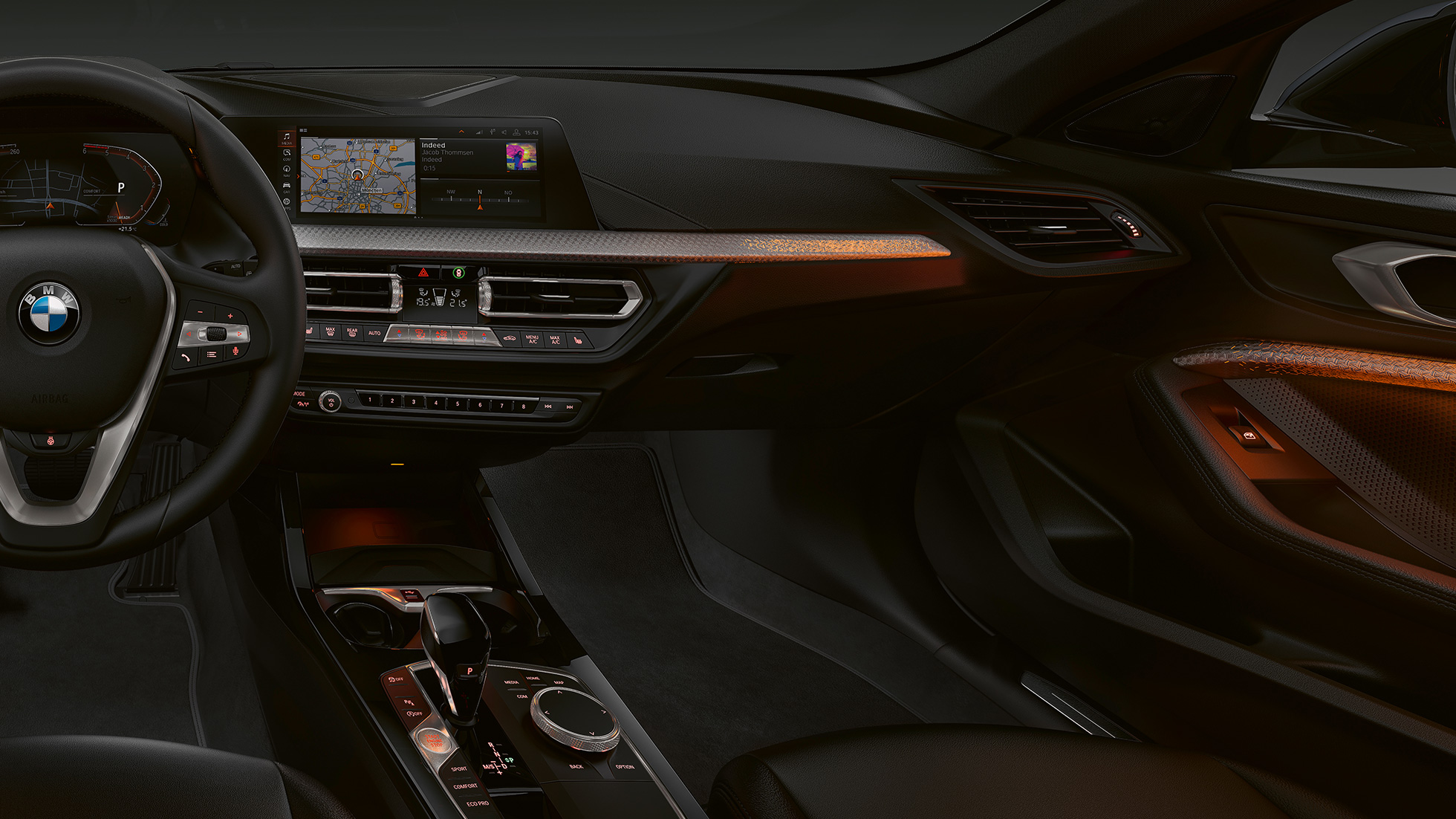 Interjero apdailos akcentai „Illuminated Nice“ BMW 1 serijos modelis Luxury Line, interjero apdailos akcentai „Illuminated Nice“