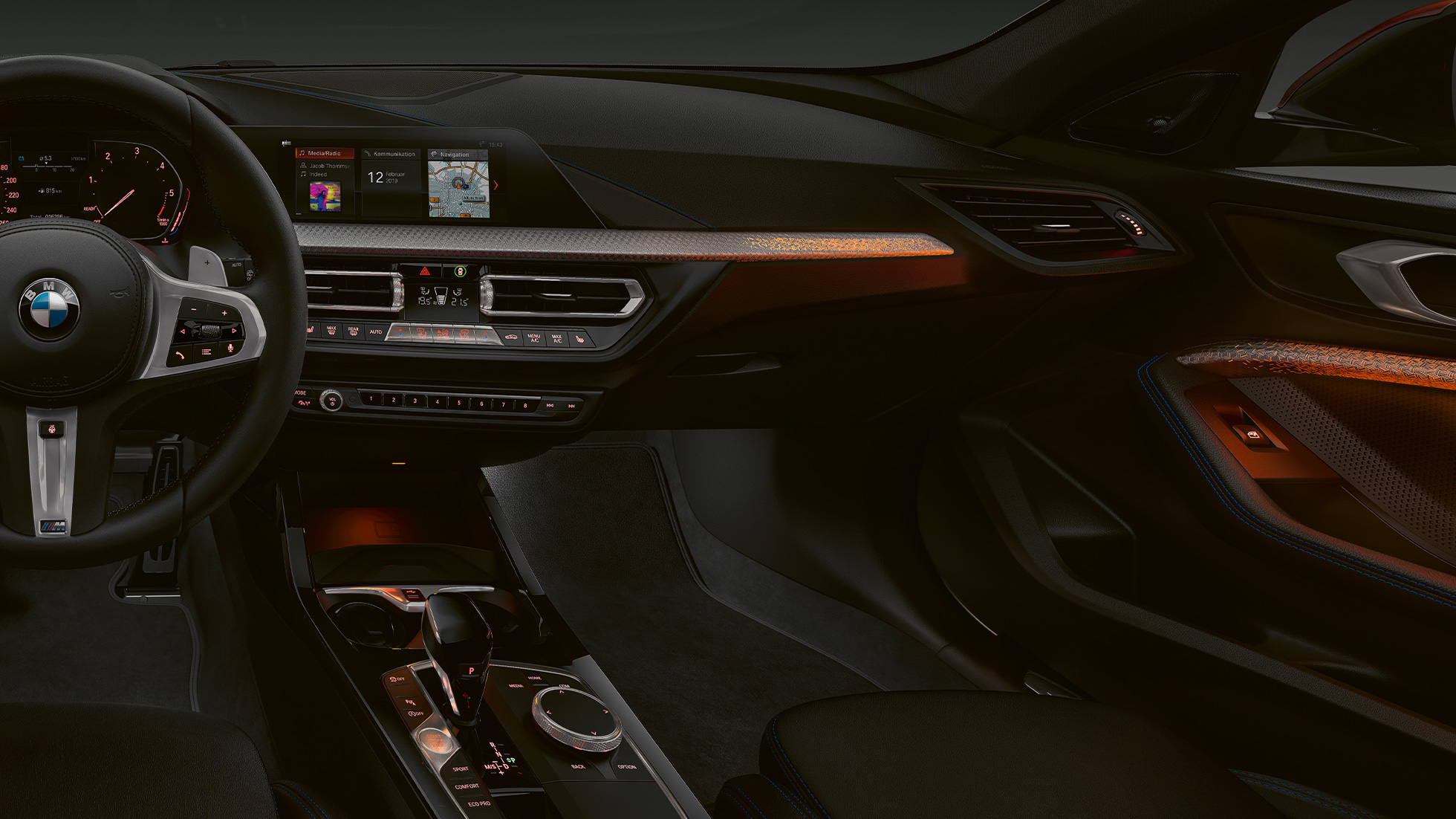 Interjero apdailos akcentai „Illuminated Boston“ BMW 1 serijos modelis M Sport, interjero apdailos akcentai „Illuminated Boston“