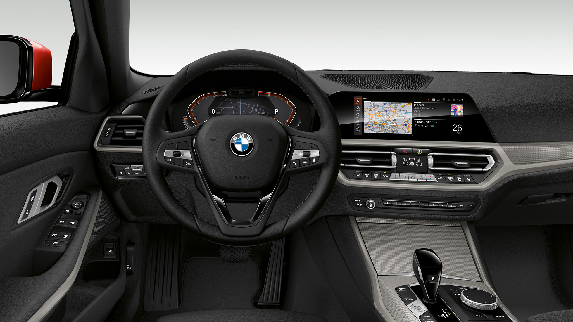 BMW 3 serijos sedanas, Model Advantage vairuotojo erdvė BMW 3 serijos sedano su Advantage modelio funkcijomis vairuotojo erdvės priartintas vaizdas iš priekio