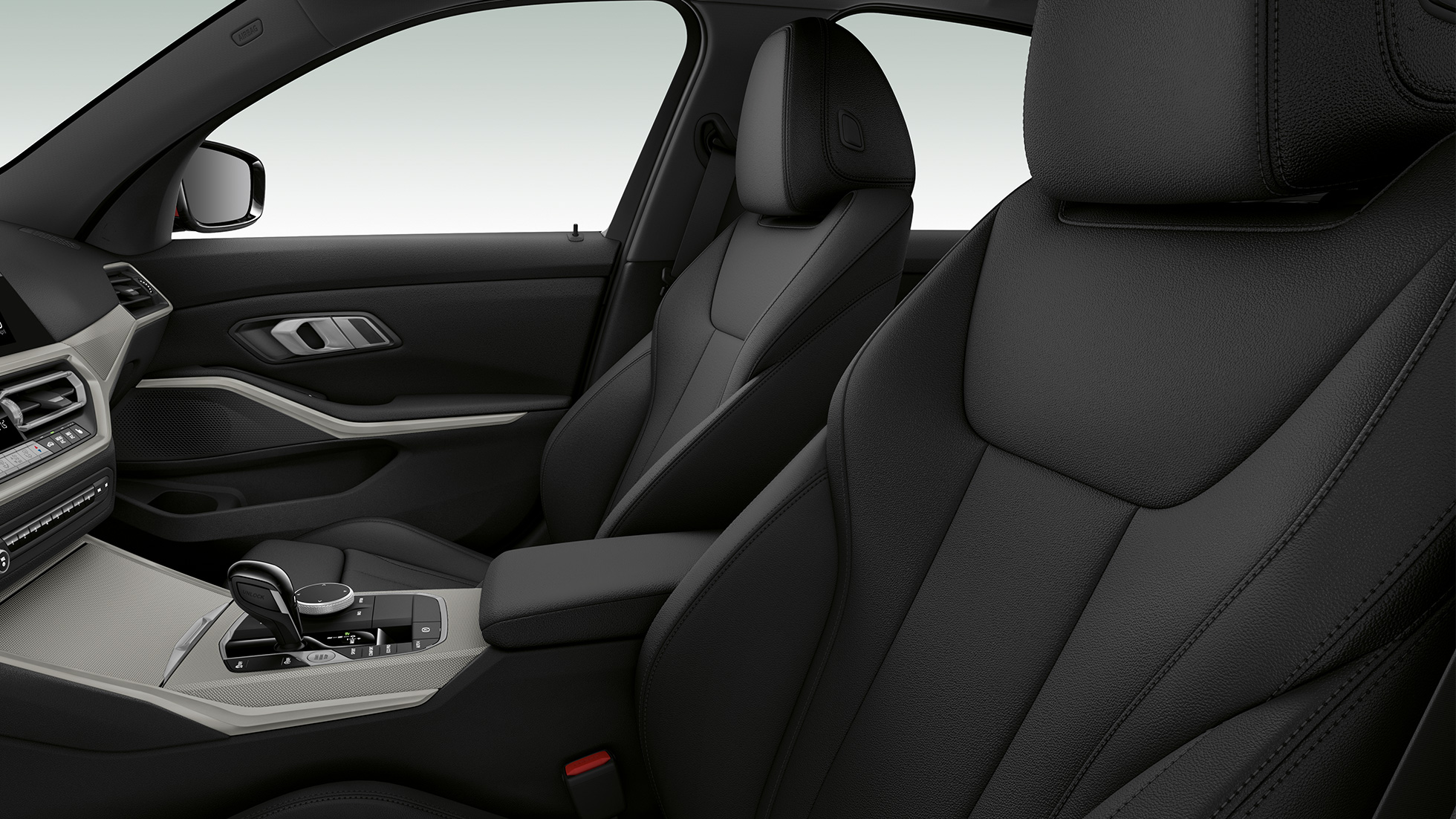 BMW 3 serijos sedanas, Advantage modelio priekinės sėdynės BMW 3 serijos sedano su Advantage modelio funkcijomis priekinių sėdynių priartintas vaizdas iš šono.,Side close-up of the front seats of the BMW 3 Series Sedan with model Advantage features