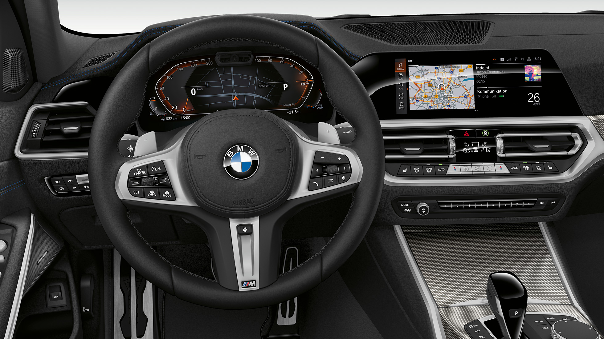 BMW 3 serijos sedanas, Sport Line modelio salonas BMW 3 serijos sedano su Sport Line modelio funkcijomis vairuotojo erdvės priartintas vaizdas iš priekio.