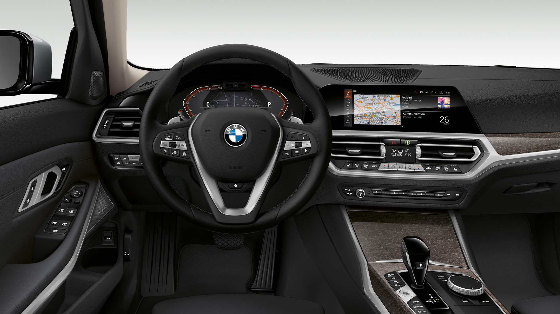 BMW 3 serijos sedanas, Luxury Line vairuotojo erdvė BMW 3 serijos sedano su Luxury Line modelio funkcijomis vairuotojo erdvės priartintas vaizdas iš priekio