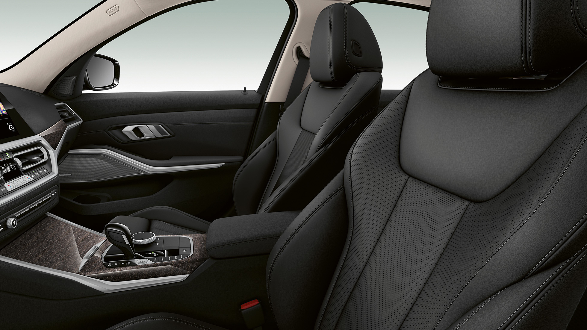 BMW 3 serijos sedanas, Luxury Line modelio priekinės sėdynės BMW 3 serijos sedano su Luxury Line modelio funkcijomis priartintas priekinių sėdynių vaizdas iš šono