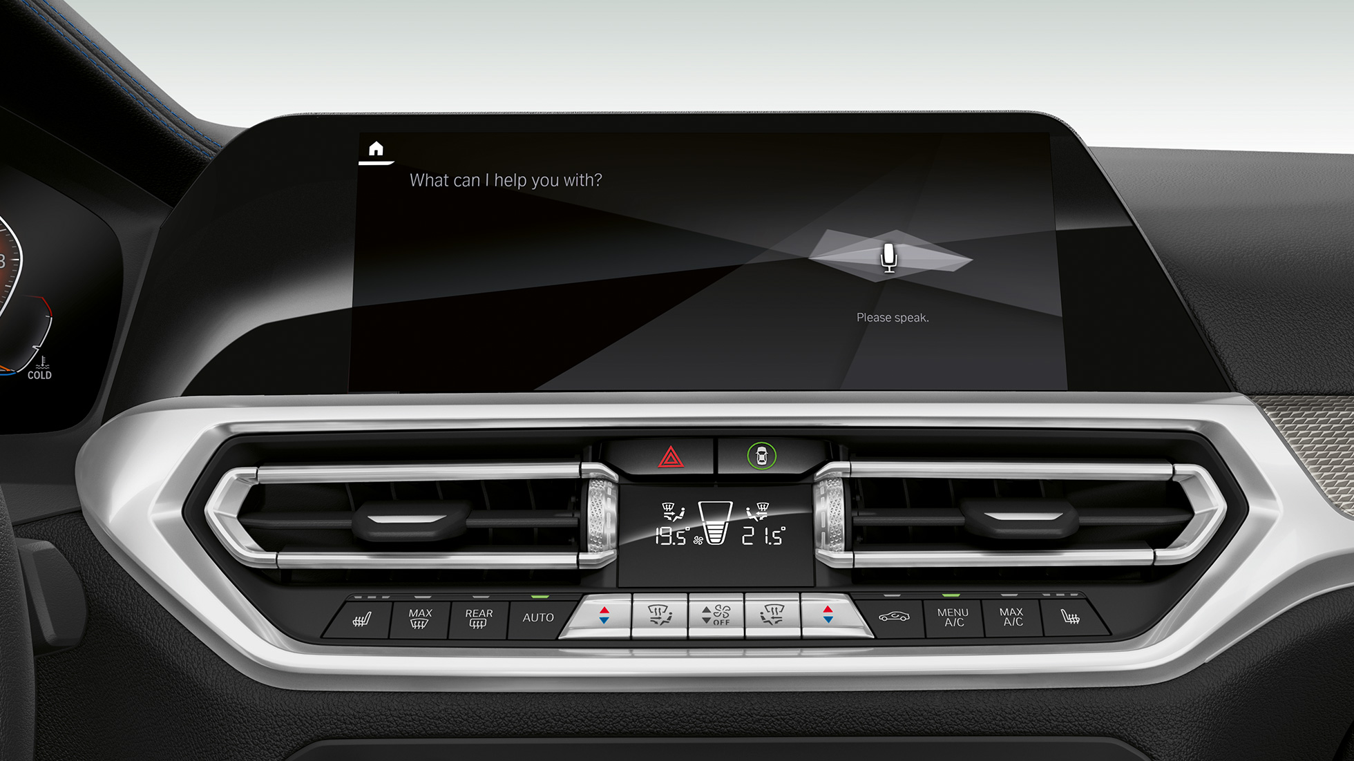 BMW 3 serijos sedanas, BMW Intelligent Personal Assistant BMW 3 serijos sedano prietaisų skydelio su BMW Intelligent Personal Assistant vaizdas iš arti