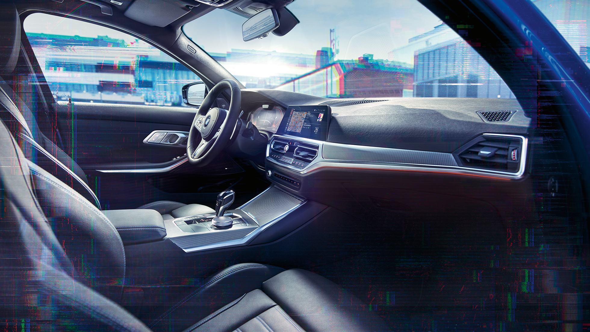BMW 3 serijos sedanas, BMW Live Cockpit Professional BMW 3 serijos sedano su BMW Live Cockpit Professional priartintas interjero vaizdas iš priekio