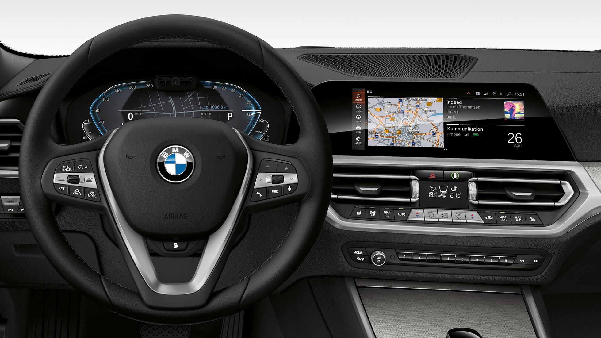 BMW 3 serijos sedanas, 330e vairuotojo erdvė Priartintas BMW 3 serijos sedano prietaisų skydelio vaizdas su i būdingu ekranu
