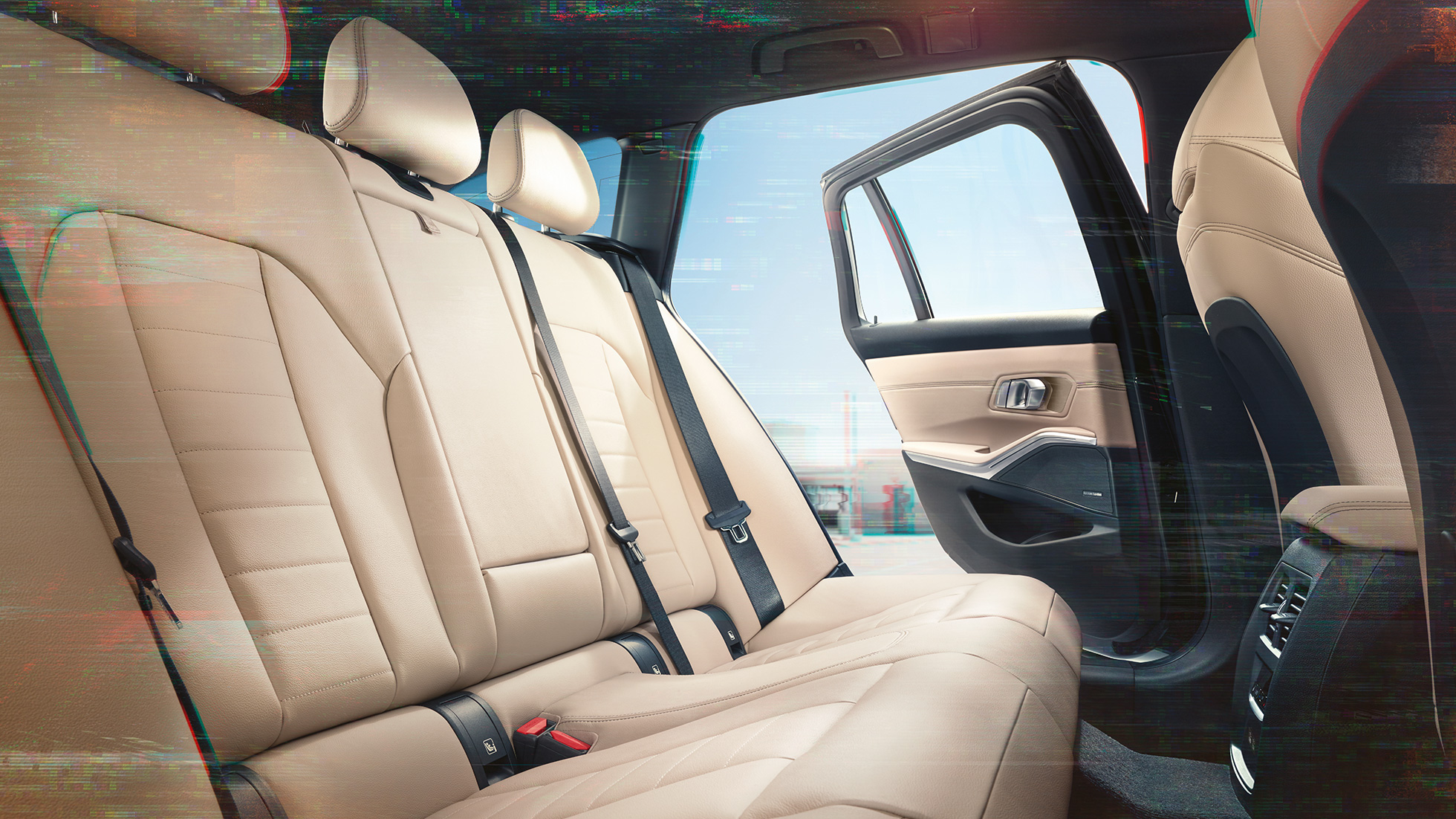 BMW 3 serijos Touring, galinių sėdynių vaizdas iš arti BMW 3 serijos Touring, galinių sėdynių apmušalų vaizdas iš arti