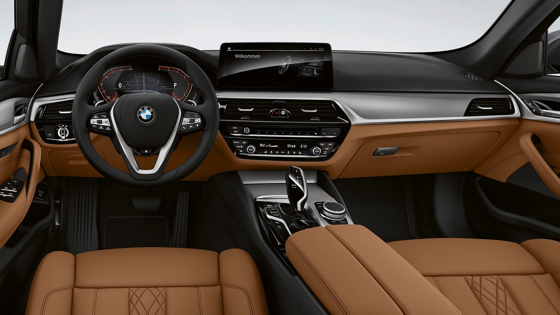 Vairuotojo erdvė, BMW 5 serijos sedanas G30, bazinės komplektacijos Vairuotojo erdvė, BMW 5 serijos sedanas 540i G30 2020, bazinės komplektacijos, Sensatec konjako spalvos, interjeras