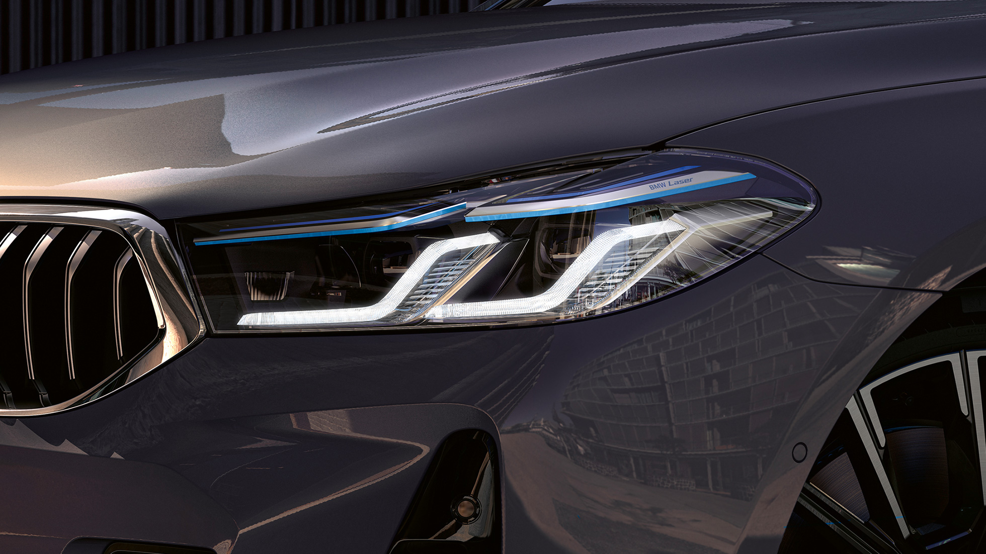BMW 6 serijos Gran Turismo G32 2020 BMW Laserlight BMW Laserlight, BMW 6 serijos Gran Turismo 640i xDrive G32 2020 pilkos Bernina Grey spalvos, priartintas vaizdas iš priekio