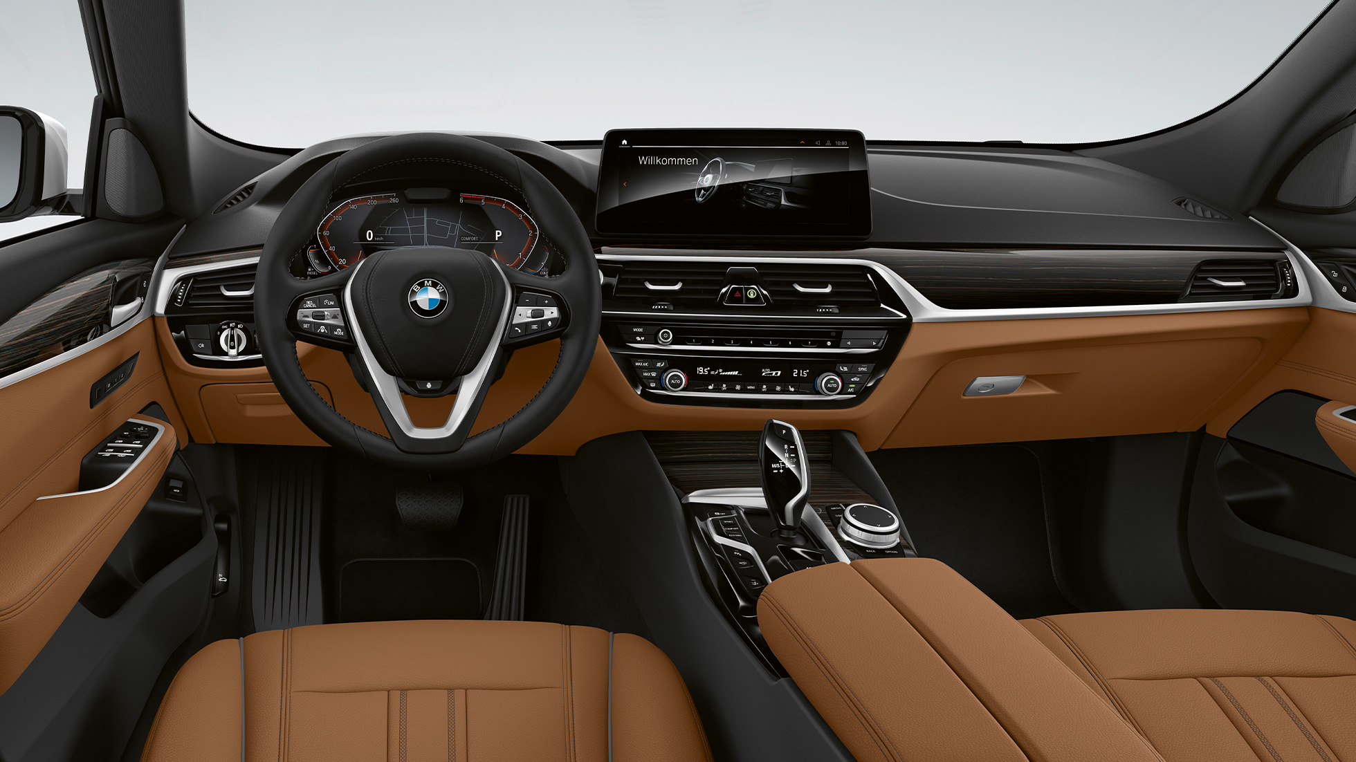 BMW 6 serijos Gran Turismo G32 2020 bazinės komplektacijos, vairuotojo erdvė BMW 6 serijos Gran Turismo G32 620d 2020 bazinės komplektacijos, Dakota oda konjako/juodos spalvos, interjeras