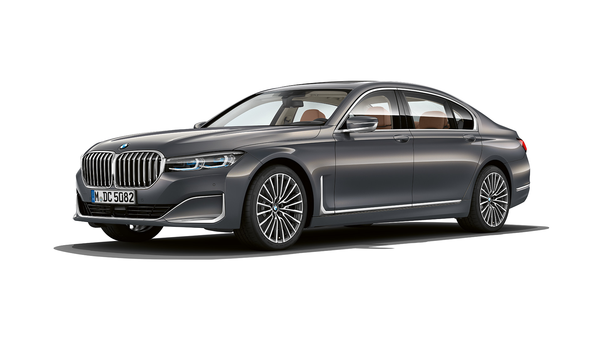 BMW 7 serijos sedanas su Pure Excellence eksterjero dizainu, trijų ketvirčių vaizdas iš priekio Pilkas BMW 7 serijos sedanas su Pure Excellence eksterjero dizainu, trijų ketvirčių vaizdas iš priekio