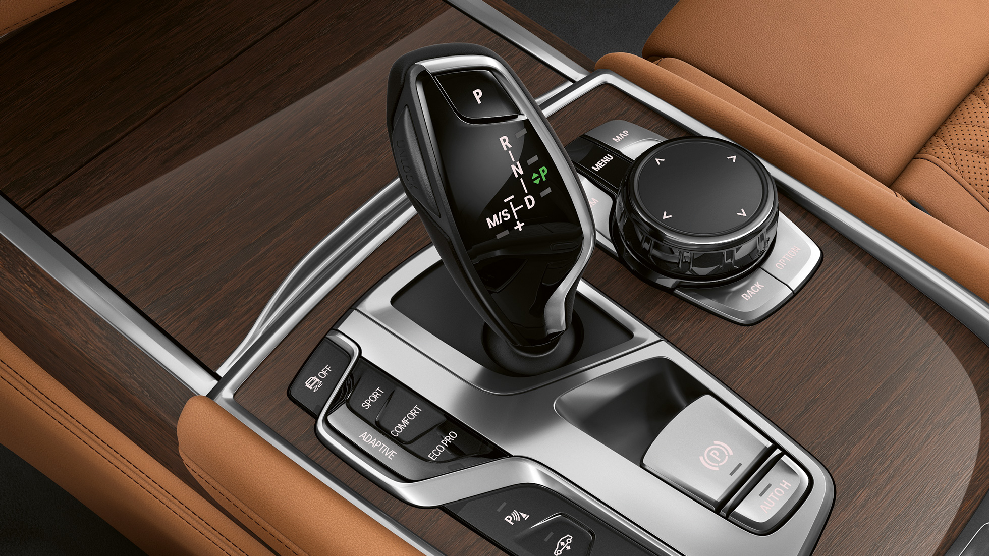 BMW 7 serijos sedanas su Pure Excellence eksterjero dizainu, pavarų svirtis. BMW 7 serijos sedanas su Pure Excellence eksterjero dizainu: pavarų svirties vaizdas iš arti.