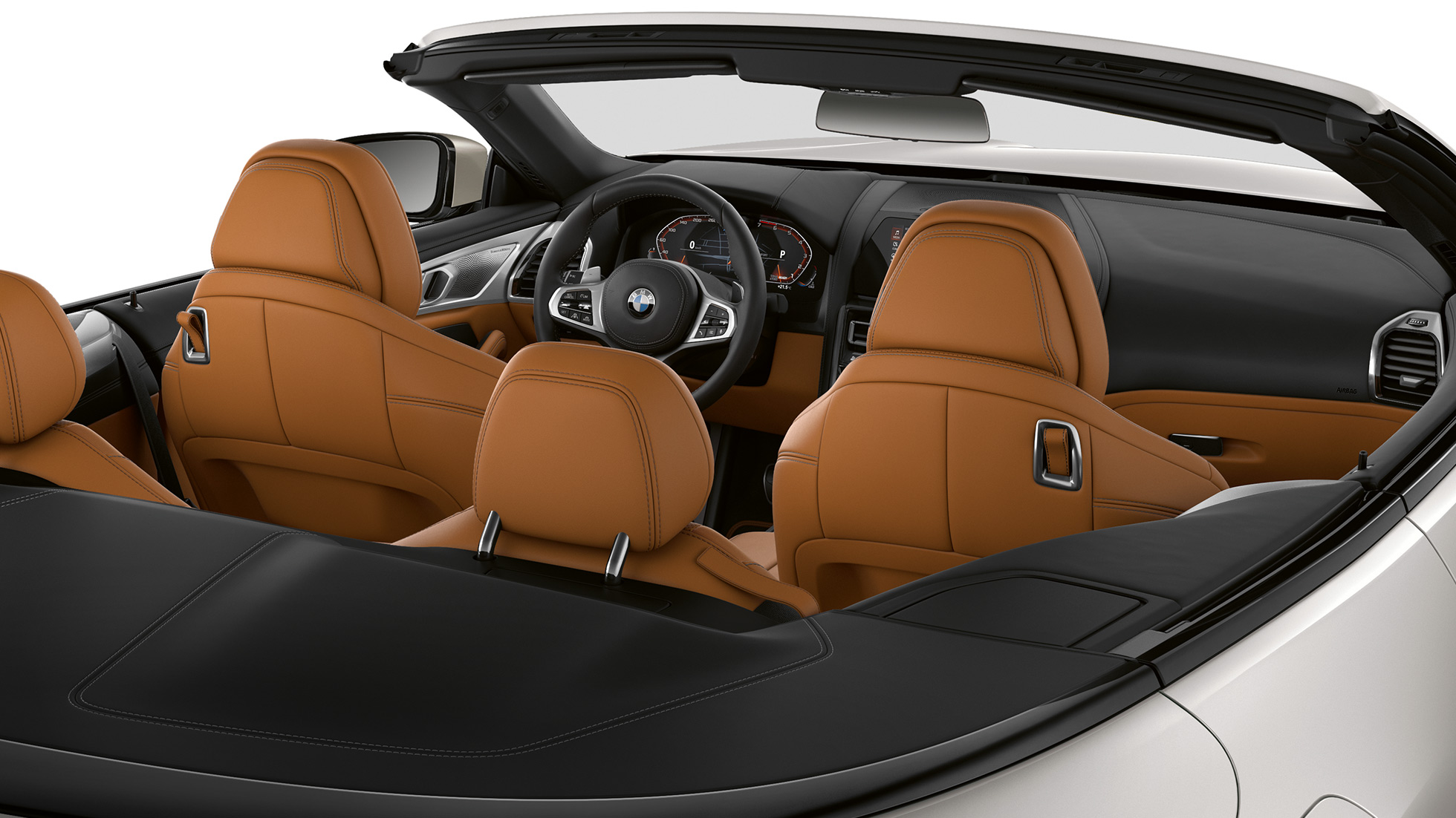 BMW M850i xDrive, interjeras su atviru minkštu stogu. BMW M850i xDrive, interjeras su atviru minkštu stogu.