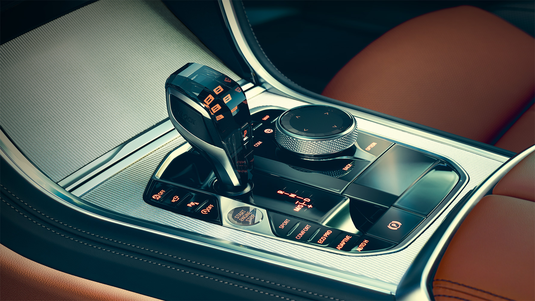 BMW 8 serijos Coupé interjerą puošiančios stiklo detalės BMW 8 serijos Coupé interjerą puošiančios stiklo detalės stambiu planu.