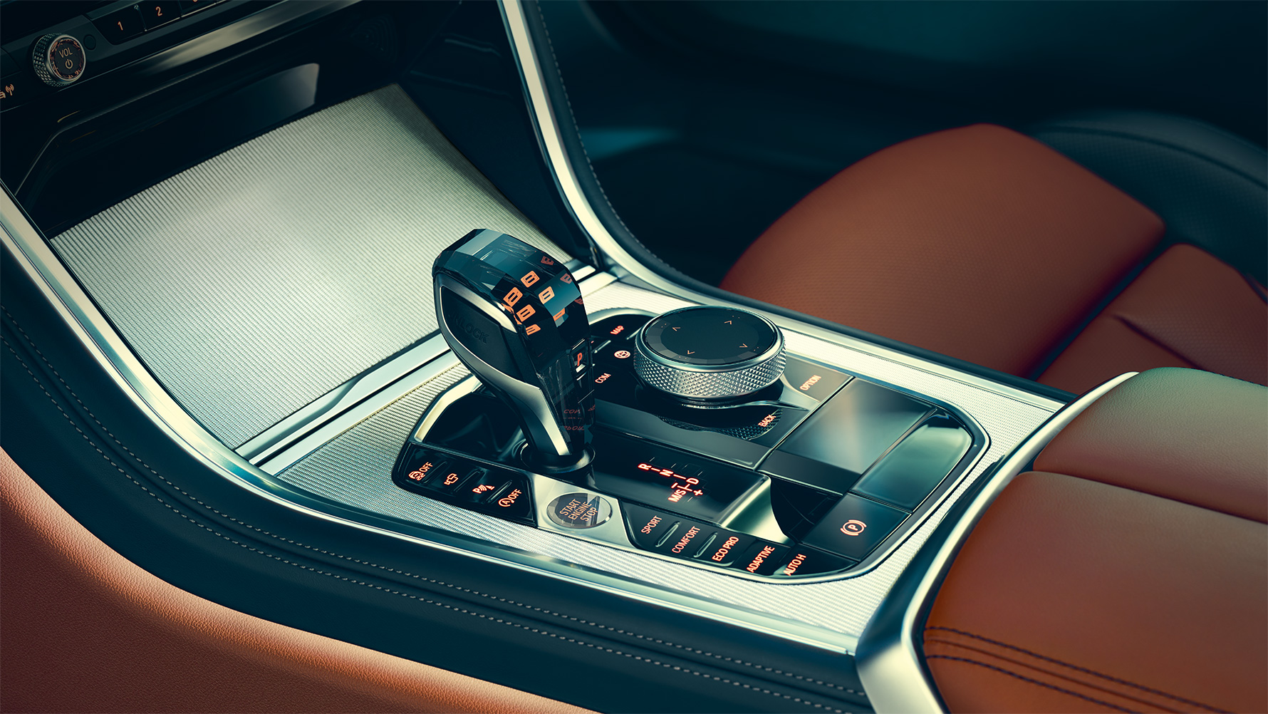 BMW 8 serijos Coupé, vidurinė konsolė BMW 8 serijos Coupé interjeras su vidurine konsole stambiu planu.
