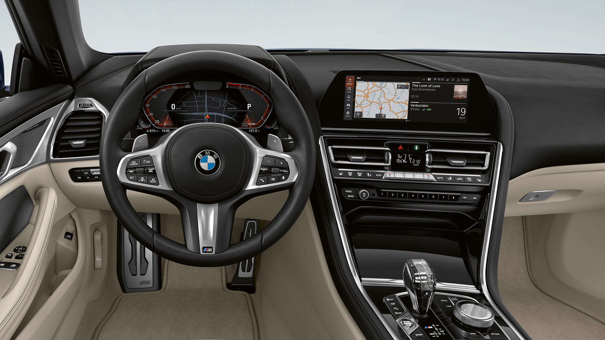 M odinis vairas su daugiafunkciais mygtukais BMW 8 serijos kupė, salonas, M odinis vairas su daugiafunkciais mygtukais