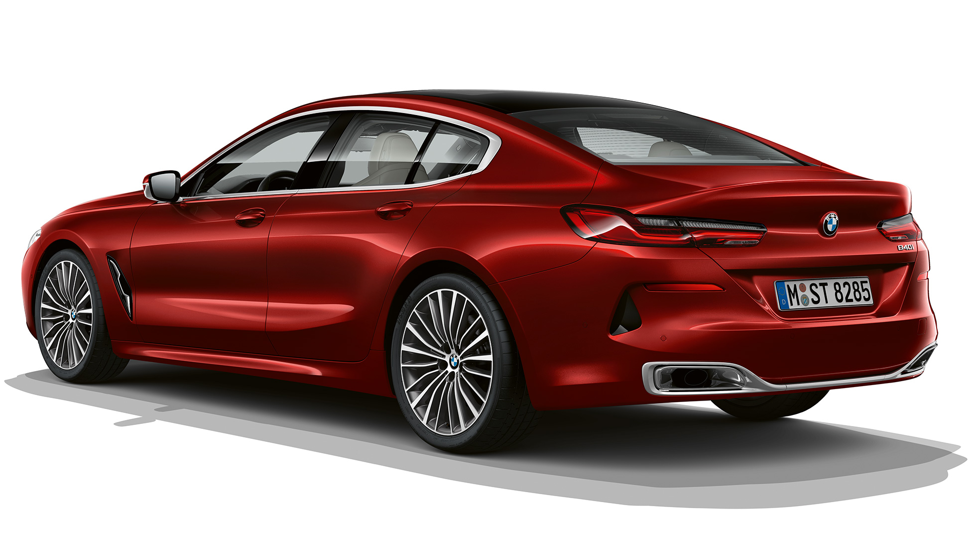 Bazinio modelio trijų ketvirčių vaizdas iš galo BMW 8 serijos Gran kupė, bazinio modelio trijų ketvirčių vaizdas iš galo