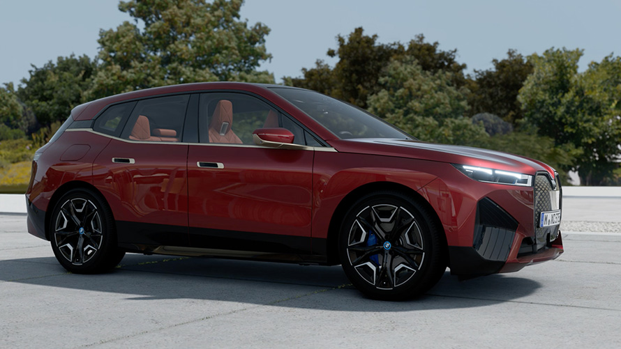 BMW iX (i20) elektrinis SUV, vaizdo įrašas apie raudonos Aventurin Red spalvos eksterjerą BMW iX (i20) 2021 elektrinis SUV, vaizdo įrašas apie raudonos Aventurin Red spalvos eksterjerą