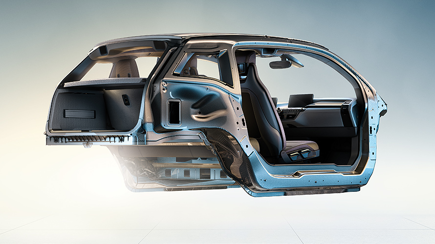 BMW i3 lengvasvorė konstrukcija Novatoriškas lengvasvorės anglies pluošto konstrukcijos BMW i3 kėbulas