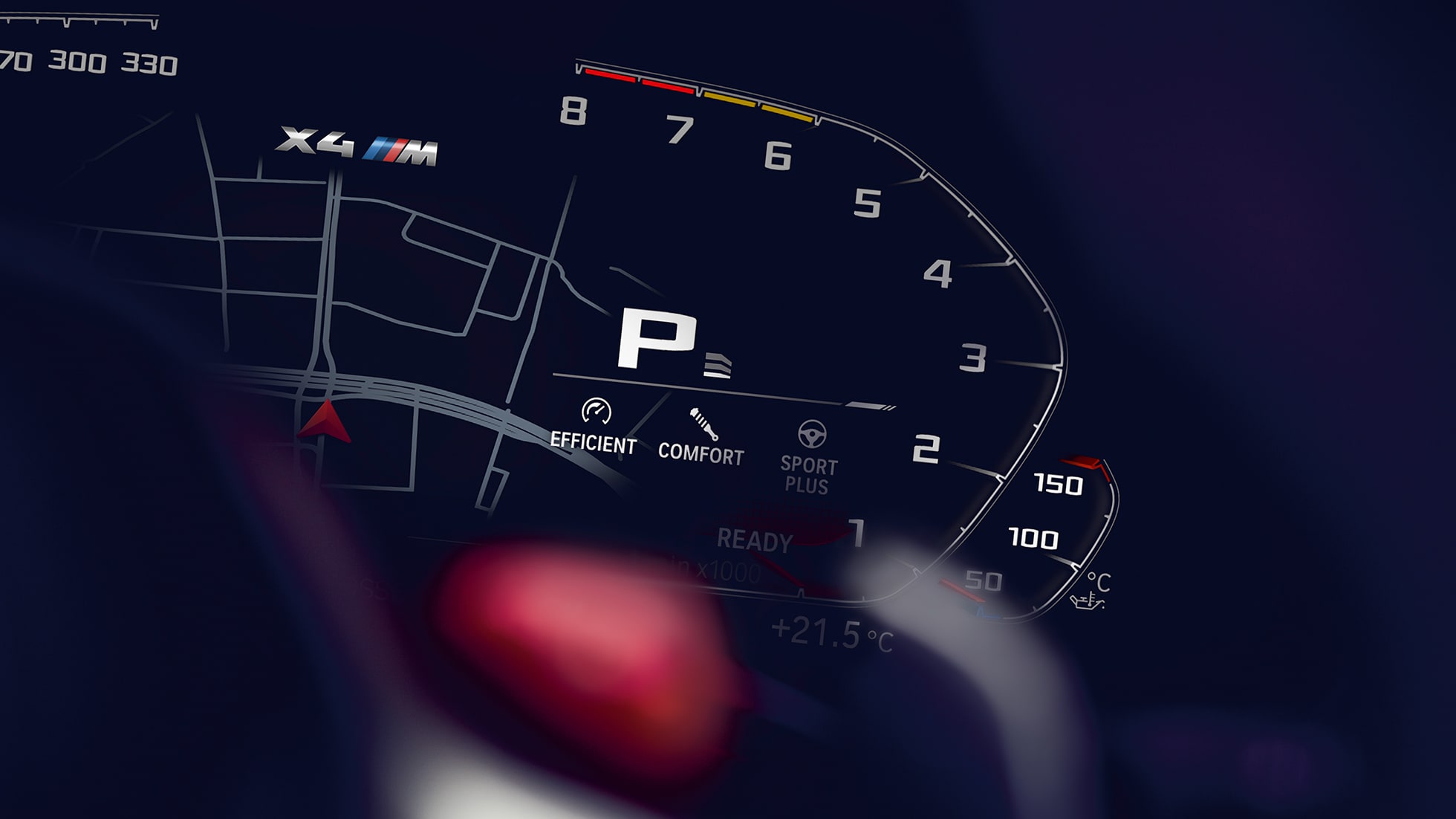 BMW X4 M Competition, apsukų matuoklis. BMW X4 M Competition, interjeras, prietaisų skydelis su apsukų matuokliu.