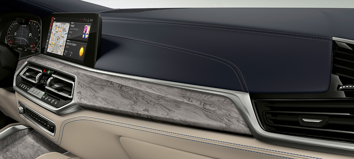 BMW X6 M Individual F96 SUV 2020 interjeras BMW X6 M F96 SUV 2020 Individual interjero apdailos juostos Ash Grain Silver-Grey itin blizgios pilkos spalvos