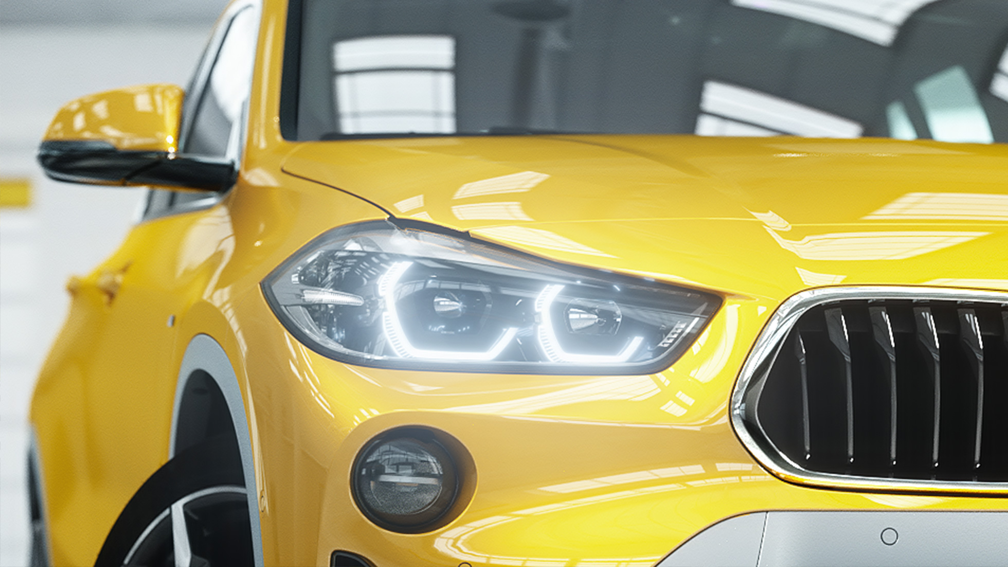 Žibintų dizainas dieną BMW X2 2018 F39 vaizdas iš priekio Žibintų dizainas, BMW X2 2018 F39 Galvanic Gold metaliko spalvos vaizdas iš priekio dieną