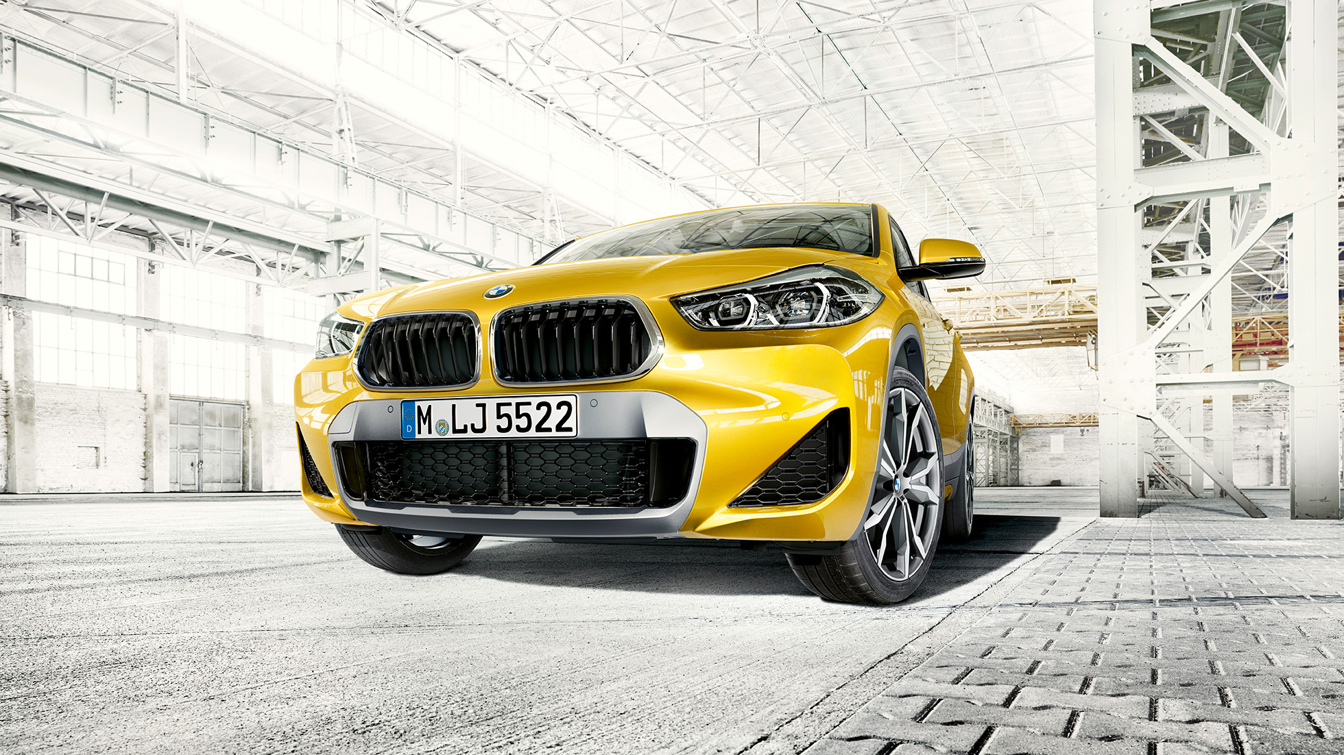 BMW X2 F39 dvigubos grotelės BMW X2 2018 F39 Galvanic Gold metaliko spalvos dvigubų grotelių vaizdas iš priekio