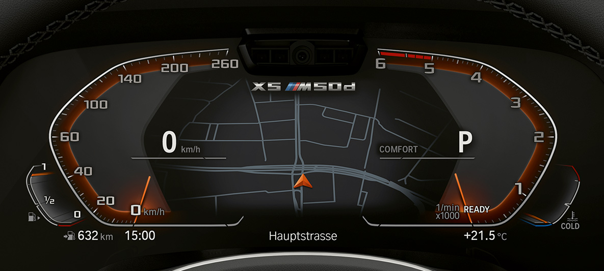 BMW X5 M50d pietaisų skydelis BMW X5 M50d prietaisų skydelio vaizdas iš arti