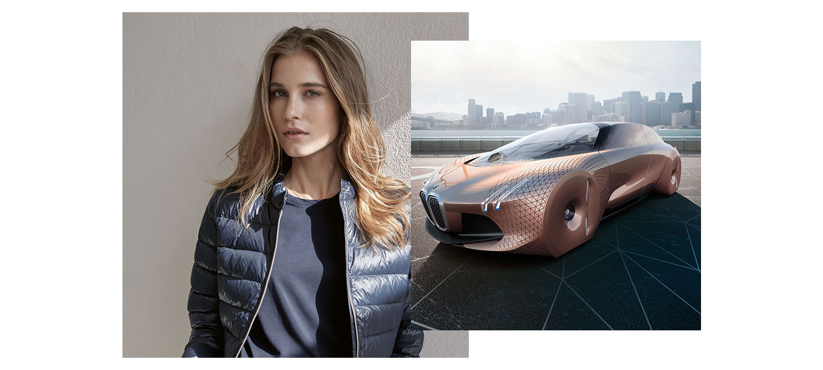 Dviejų nuotraukų koliažas: kairėje – BMW kolekcijos gaminius dėvintis modelis, dešinėje – BMW Vision 100 koncepcinis automobilis. Dviejų nuotraukų koliažas: kairėje – BMW kolekcijos gaminius dėvintis modelis, dešinėje – BMW Vision 100 koncepcinis automobilis.