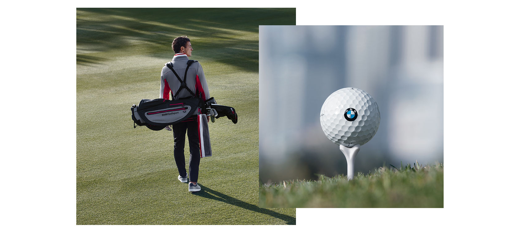 Kairėje nuotraukoje – BMW Golfsport kolekcijos gaminius dėvintis vyras žingsniuoja golfo laukais. Dešinėje nuotraukoje – sufokusuotas golfo kamuoliukas su BMW logotipu. Kairėje nuotraukoje – BMW Golfsport kolekcijos gaminius dėvintis vyras žingsniuoja golfo laukais. Dešinėje nuotraukoje – sufokusuotas golfo kamuoliukas su BMW logotipu.