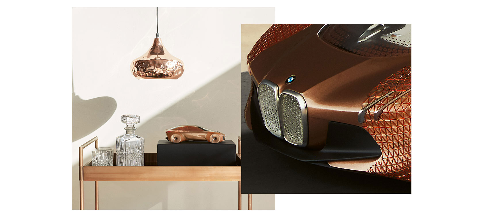 BMW Vision Next 100 miniatiūra Nuotrauka padalinta į dvi dalis: kairėje – ant juodos grindjuostės stovinti BMW Vision Next 100 miniatiūra, dažyta futuristine vario ir žalvario atspalvių gama. Dešinėje – BMW Vision Next 100 miniatiūros su variklio gaubto ir priekinio sparno detalėmis vaizdas iš arti.