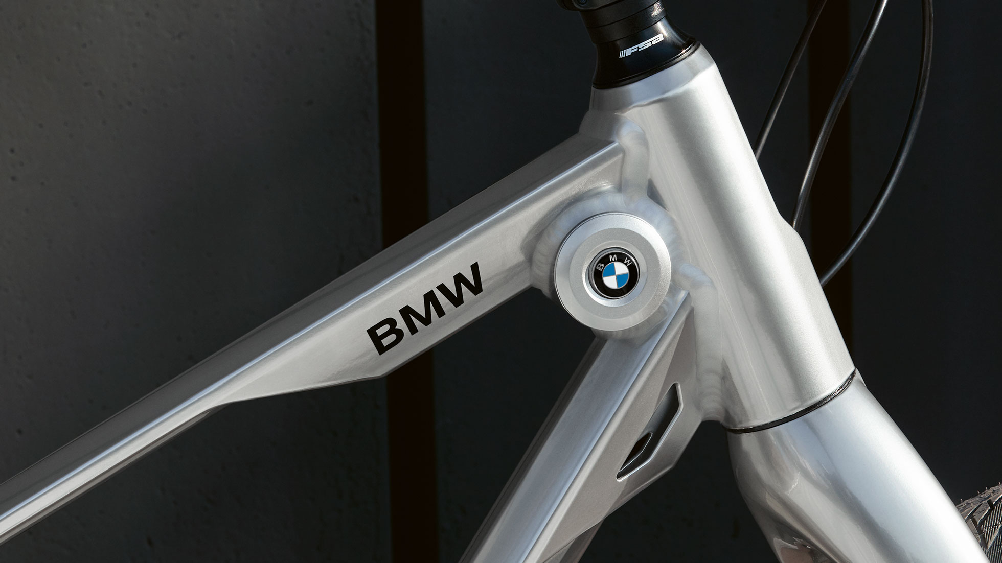 BMW Cruise dviratis. Apkirptos nuotraukos dėmesio centre – BMW Cruise dviračio rėmas ir BMW logotipas ant jo.