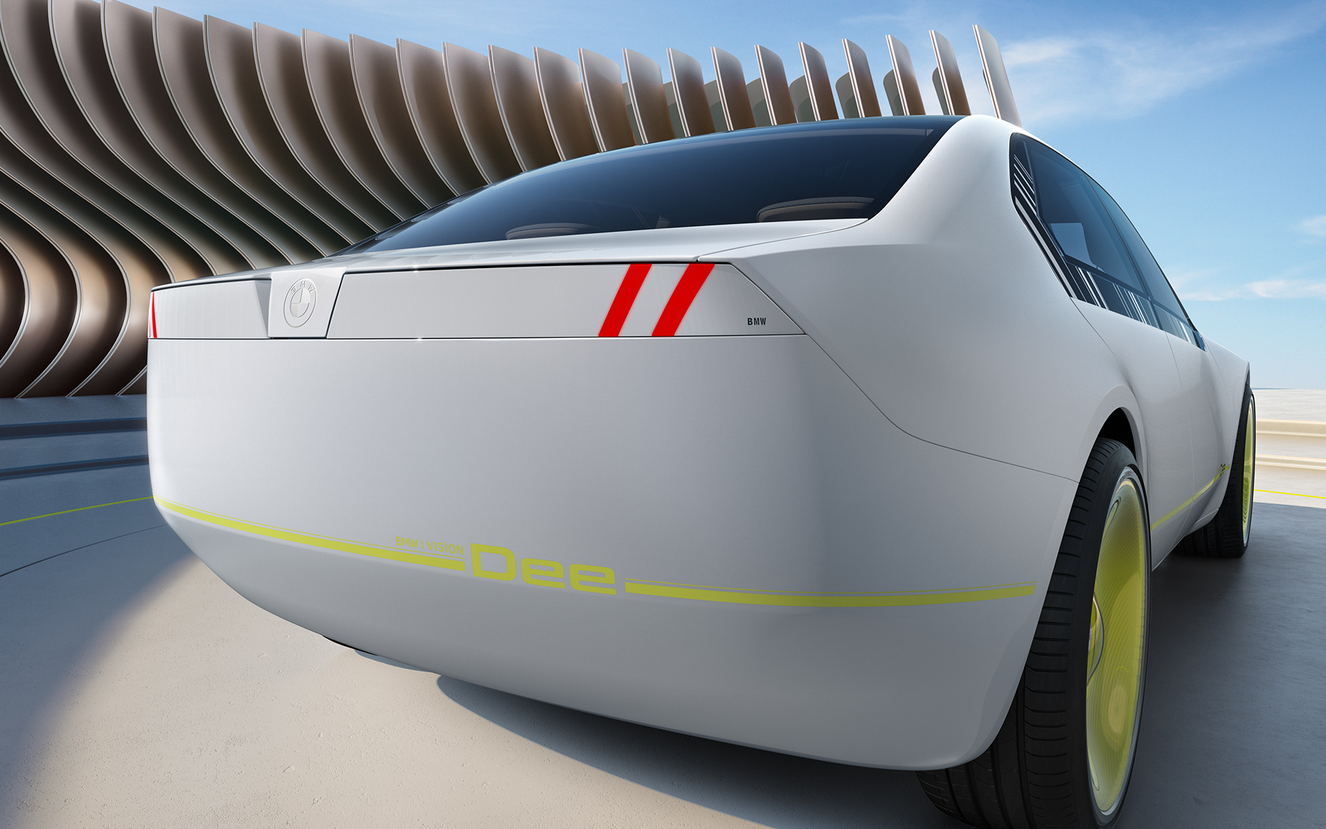 BMW i Vision Dee eksterjero dizaino vaizdas iš galo BMW i Vision Dee Vision automobilis eksterjero dizaino vaizdas iš galo