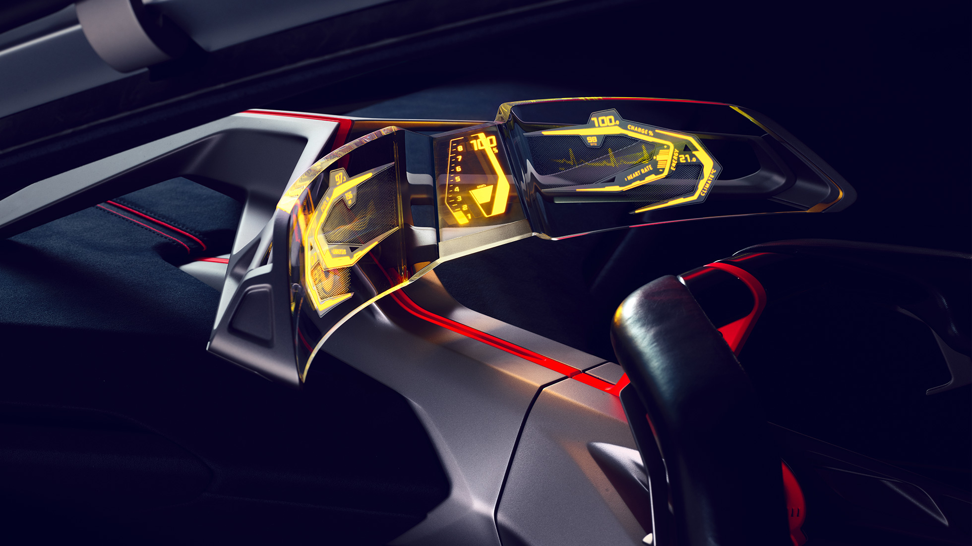 BMW Vision M NEXT, interjeras BMW Vision M NEXT interjeras, vairuotojo erdvė su vairu, Boost Pod valdymo konsolė, išlenkto stiklo ekranas, papildytosios realybės projekcinis ekranas.