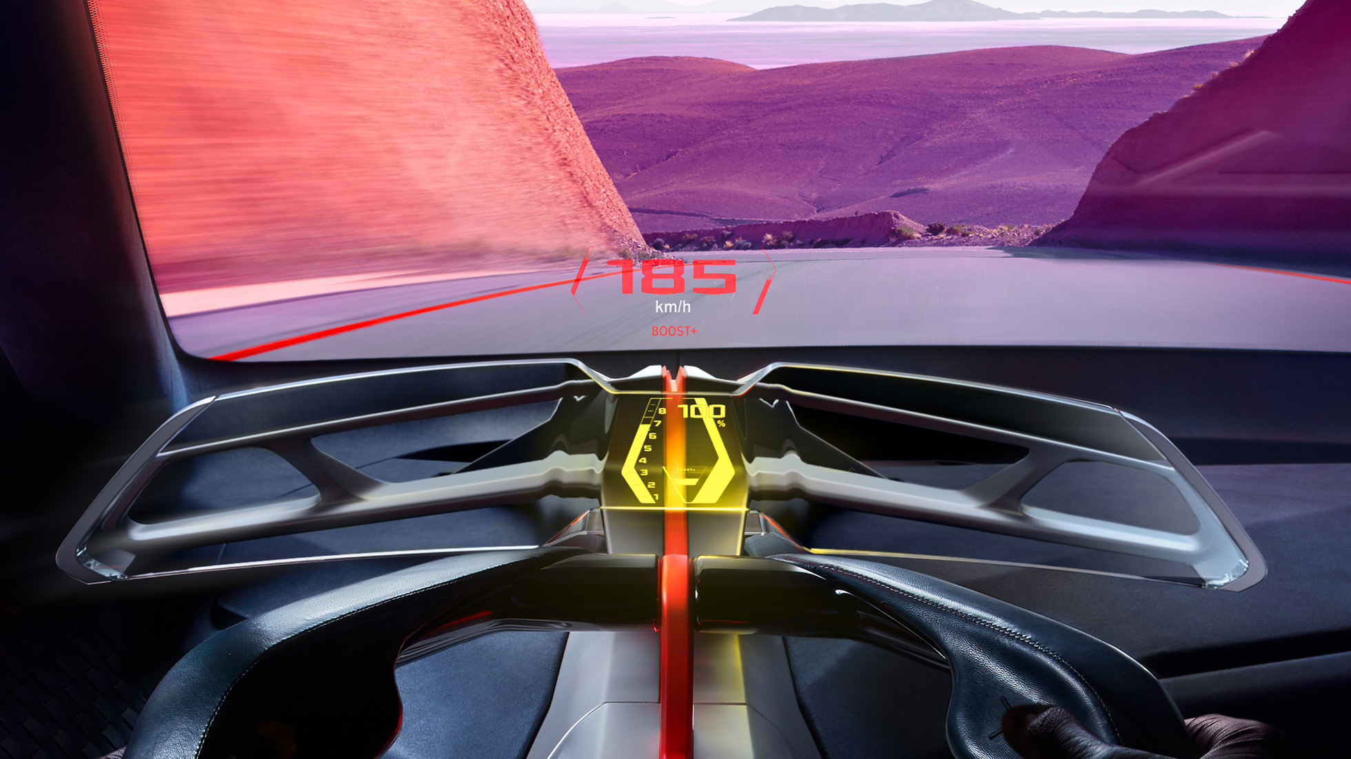 BMW Vision M NEXT, interjeras BMW Vision M NEXT interjeras, vairuotojo erdvė su vairu, Boost Pod valdymo konsolė, išlenkto stiklo ekranas, papildytosios realybės projekcinis ekranas
