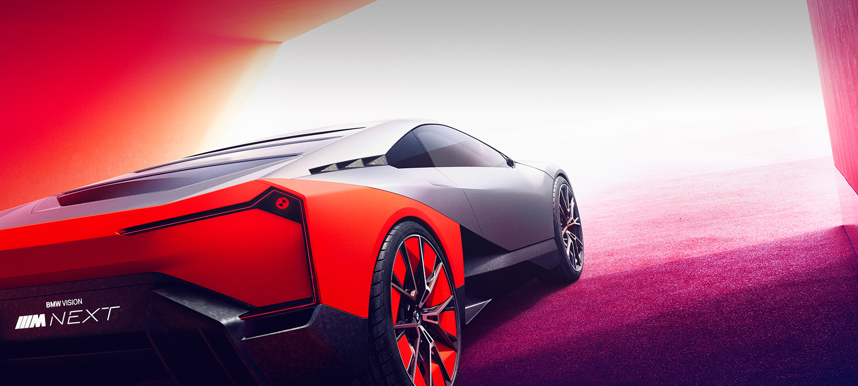 BMW Vision M NEXT, stovinčio automobilio trijų ketvirčių vaizdas iš galo BMW Vision M NEXT, stovinčio automobilio trijų ketvirčių vaizdas iš galo