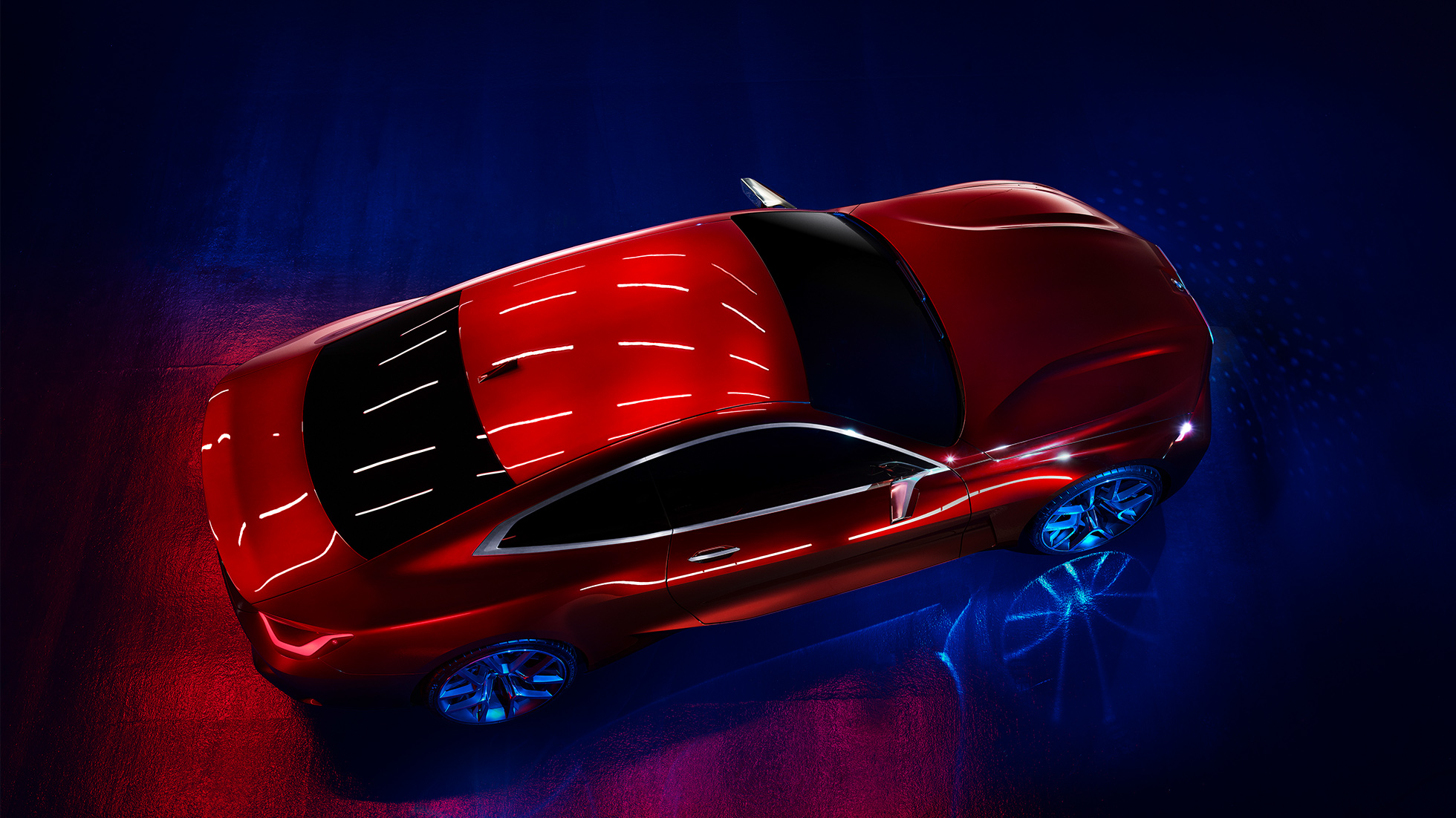 Įspūdinga BMW 4 koncepto Forbidden Red eksterjero spalva Įspūdinga BMW 4 koncepto Forbidden Red eksterjero spalva, eksterjero dizaino vaizdas iš paukščio skrydžio