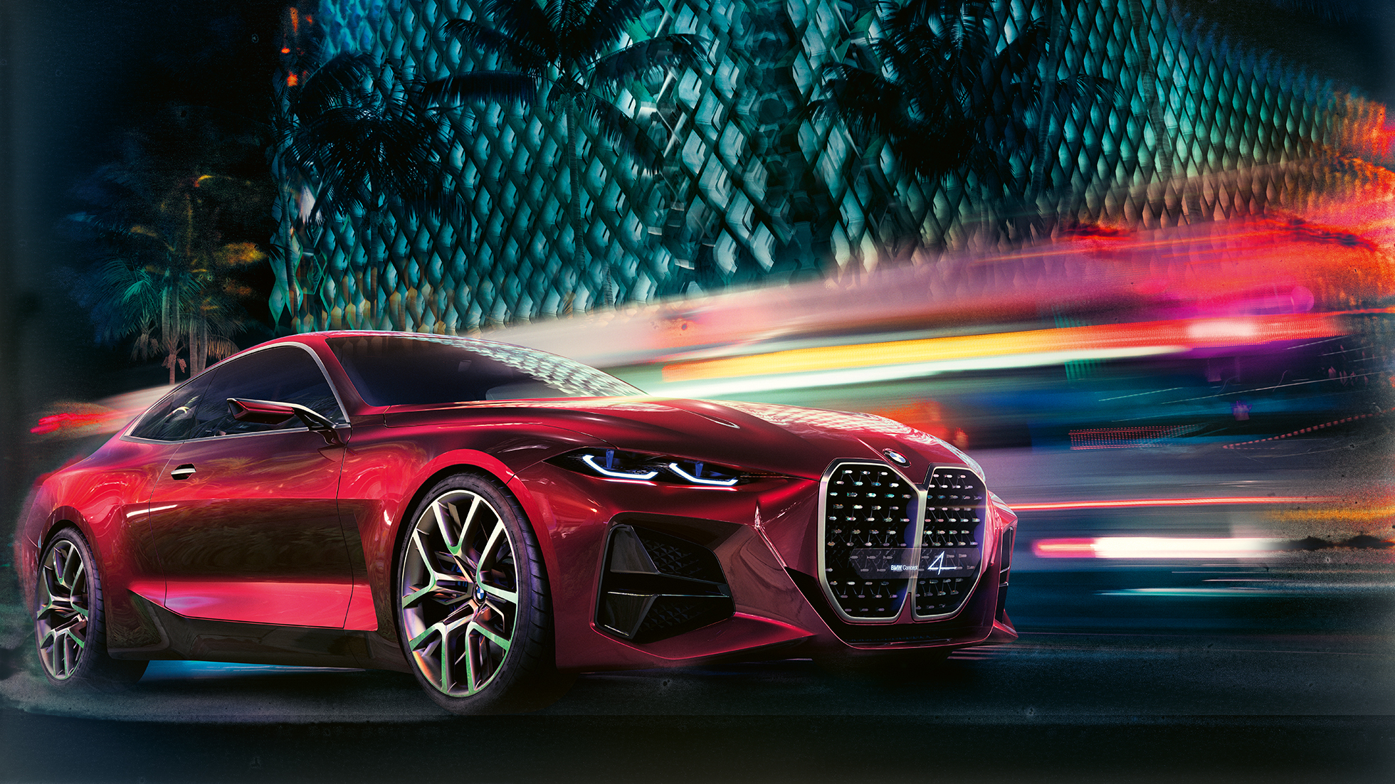BMW 4 koncepto trijų ketvirčių vaizdas iš priekio BMW 4 koncepto Forbidden Red spalvos eksterjero dizaino trijų ketvirčių vaizdas iš priekio
