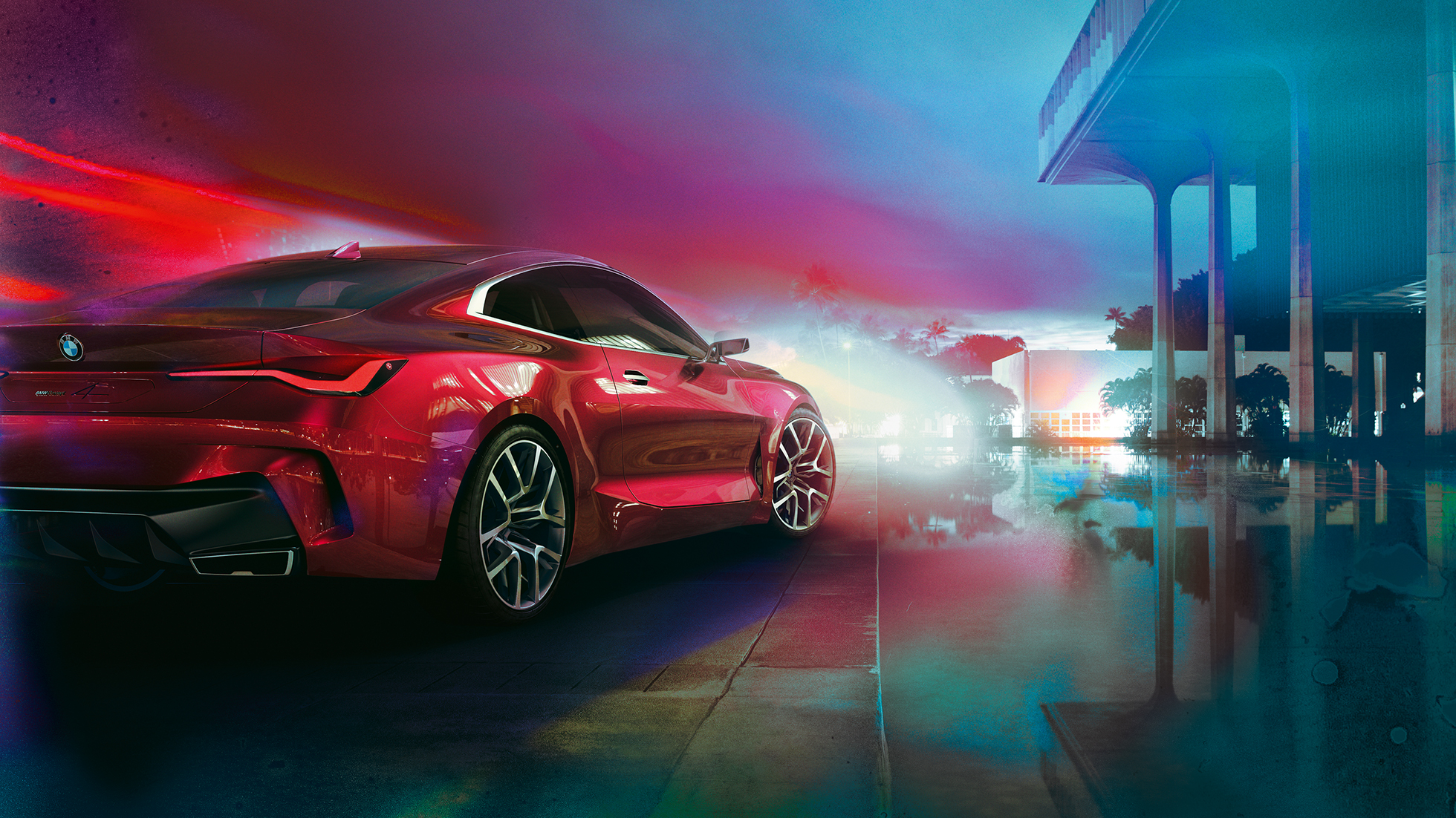 BMW 4 konceptas trijų ketvirčių vaizdas iš galo BMW 4 koncepto Forbidden Red eksterjero dizaino trijų ketvirčių vaizdas iš galo