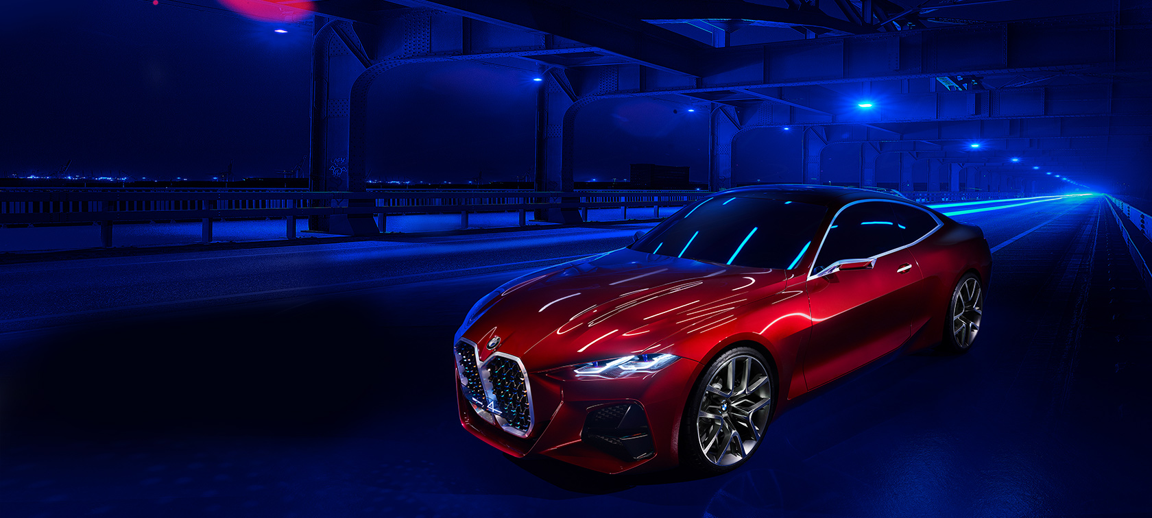 BMW 4 koncepto trijų ketvirčių vaizdas iš priekio BMW 4 koncepto Forbidden Red spalvos eksterjero dizainas, važiuojančio automobilio trijų ketvirčių vaizdas iš priekio