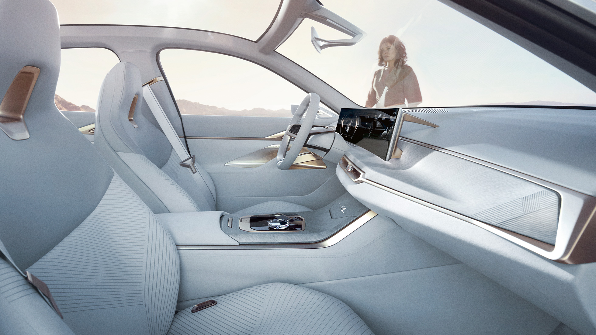 2020 m. BMW i4 G26 koncepto interjeras 2020 m. BMW i4 G26 koncepto, vien tik elektra varomo BMW Gran kupė interjeras