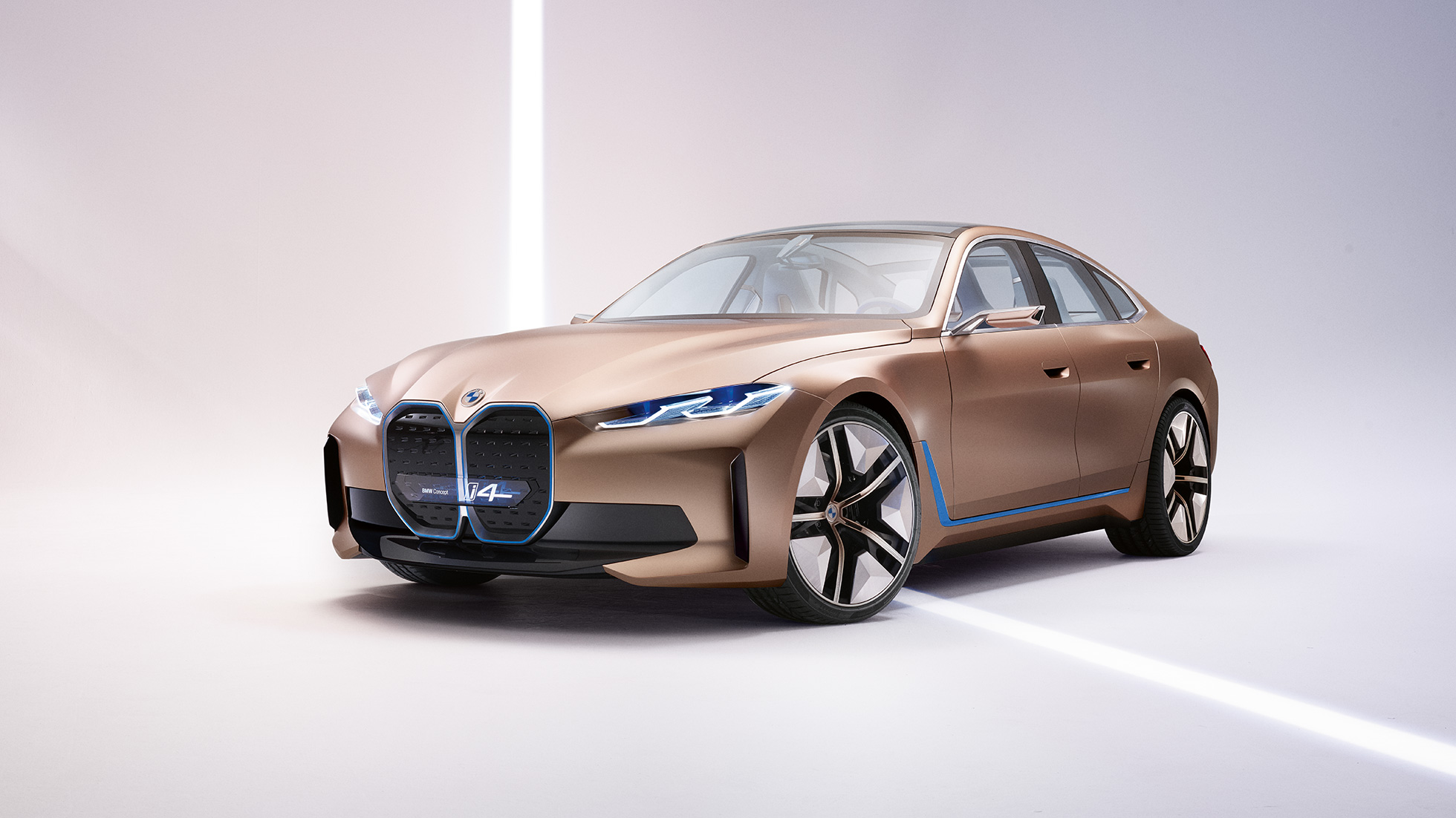 Eksterjeras 4, 2020 m. BMW i4 G26 konceptas Eksterjeras 4, BMW i4 konceptas, 2020 m. BMW i4 G26 elektrinio automobilio konceptas, vien tik elektra varomo BMW Gran kupė vaizdas iš šono