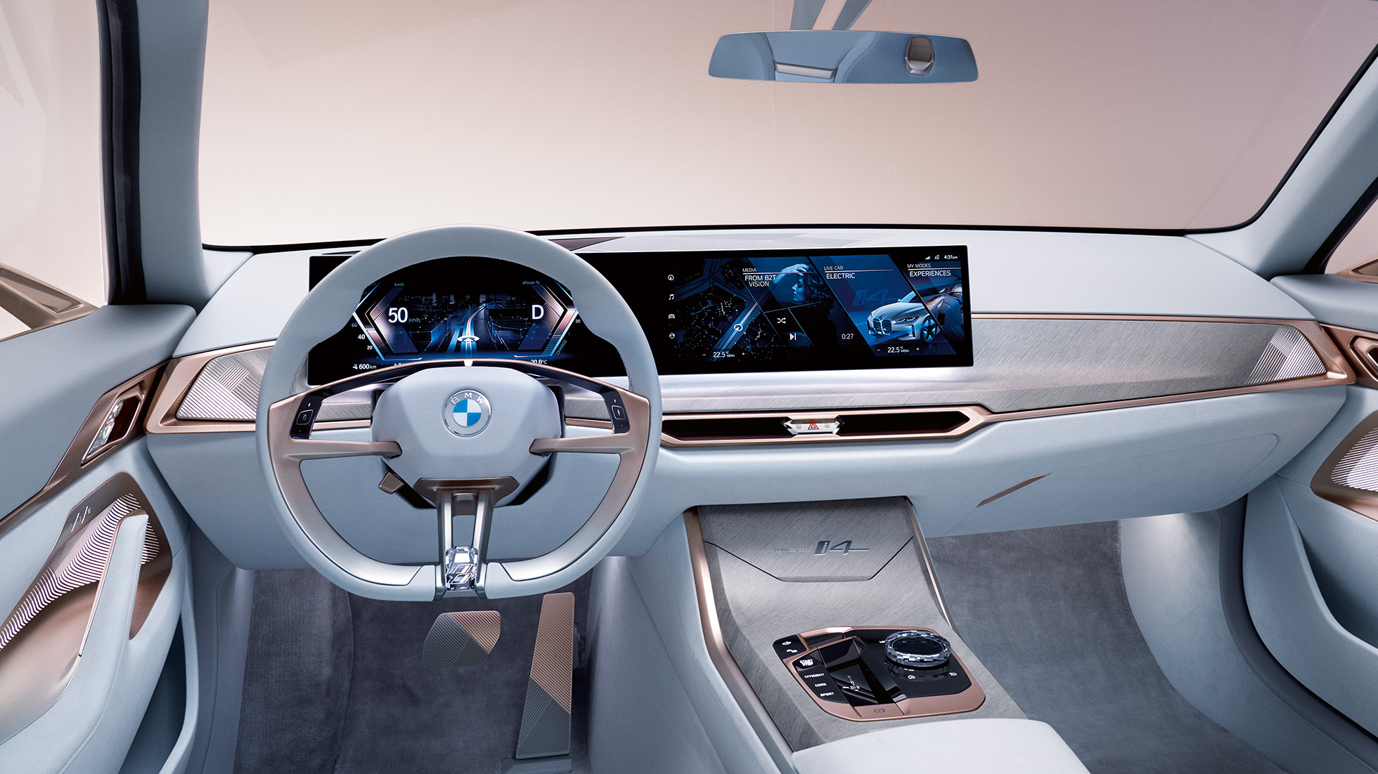 Eksterjeras 2, 2020 m. BMW i4 G26 konceptas Interjeras 2, 2020 m. BMW i4 G26 elektrinio automobilio konceptas, vien tik elektra varomas BMW Gran kupė